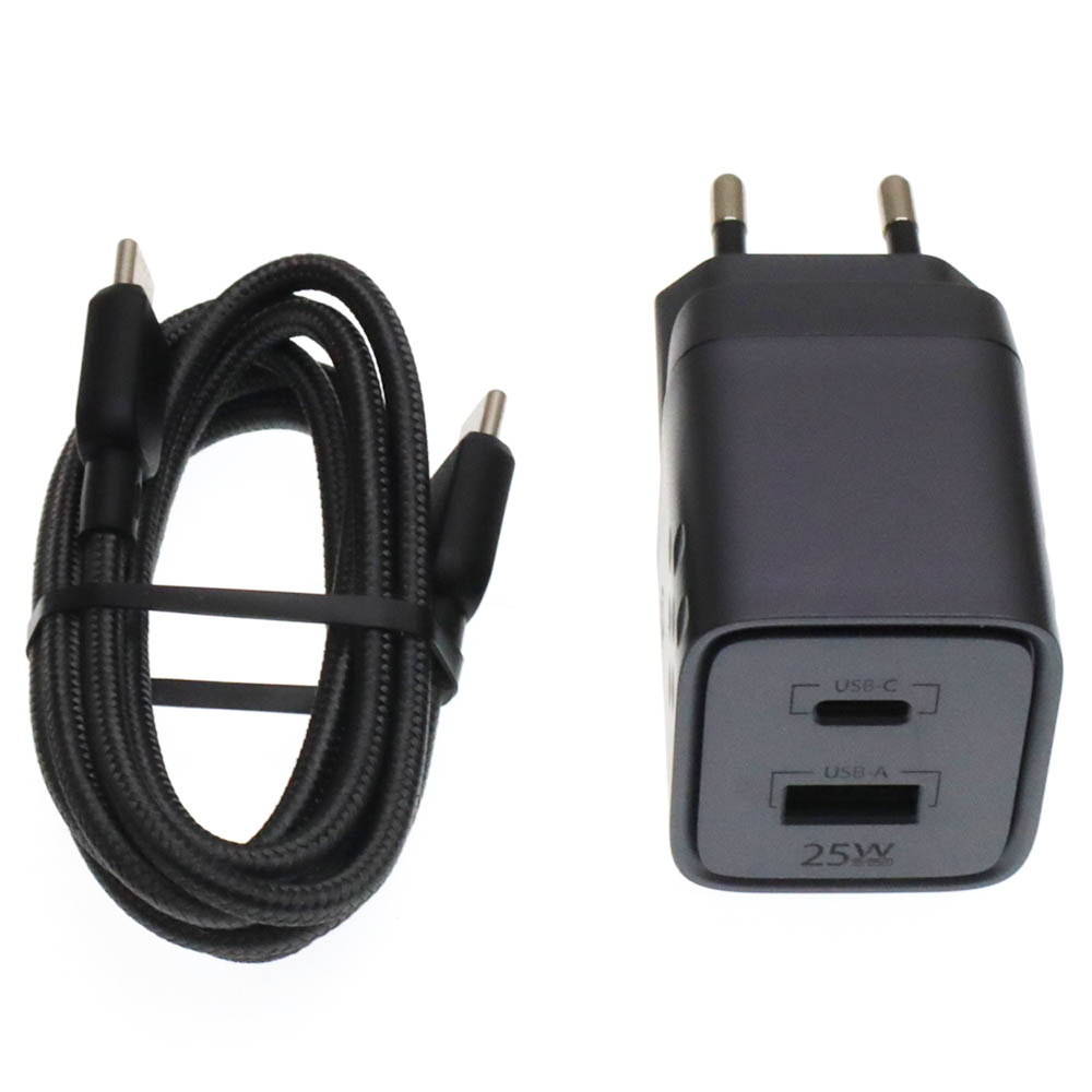 СЗУ (Сетевое зарядное устройство) QAYAN QHC-144 с кабелем USB Type C на USB Type C, 25W, 1 USB Type C, 1 USB A, длина 1.2 метра, цвет черный СЗУ (Сетевое зарядное устройство) QAYAN QHC-144 с кабелем USB Type C на USB Type C, 25W, 1 USB Type C, 1 USB A, длина 1.2 метра, цвет черный