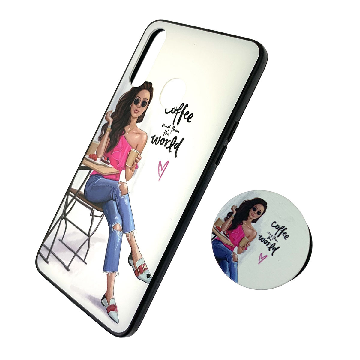 Чехол накладка для SAMSUNG Galaxy A20s (SM-A207), силикон, фактурный глянец, с поп сокетом, рисунок Coffee World.