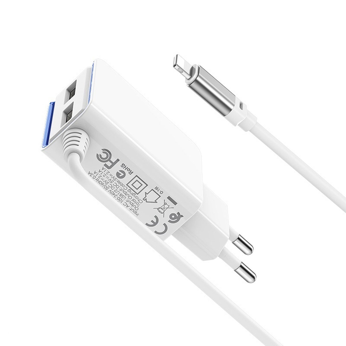 BOROFONE BA35A Brilliant, сетевое зарядное устройство с двумя USB портами, встроенный кабель APPLE Lightning 8-pin, ток 2.1A, цвет белый (-50%)