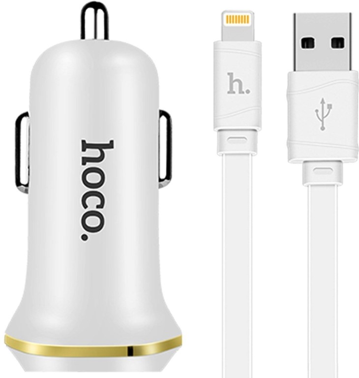АЗУ (Автомобильное зарядное устройство) HOCO Z12 Elite, 2*USB порта, 2.4A, кабель APPLE Lightning 8-pin, цвет белый АЗУ (Автомобильное зарядное устройство) HOCO Z12 Elite, 2*USB порта, 2.4A, кабель APPLE Lightning 8-pin, цвет белый