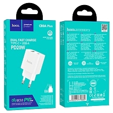 СЗУ (Сетевое зарядное устройство) HOCO C80A Plus Rapido, 20W, 1 USB Type C, 1 USB A, PD20W, QC3.0, цвет белый