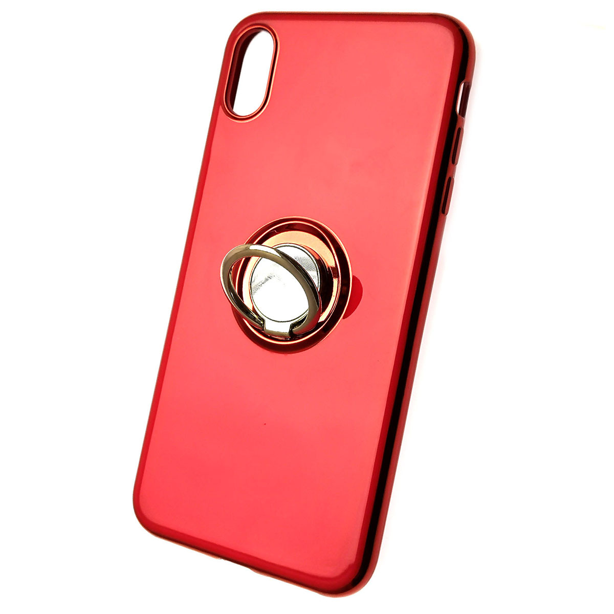 Чехол накладка для APPLE iPhone XS MAX, силикон, лого, кольцо держатель, цвет красный.