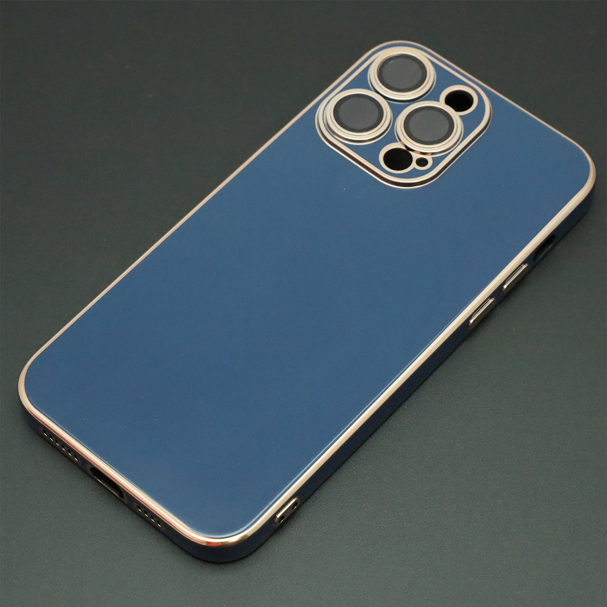 Чехол накладка для APPLE iPhone 14 Pro Max, силикон, стекло, защита камеры, цвет темно сине золотистый