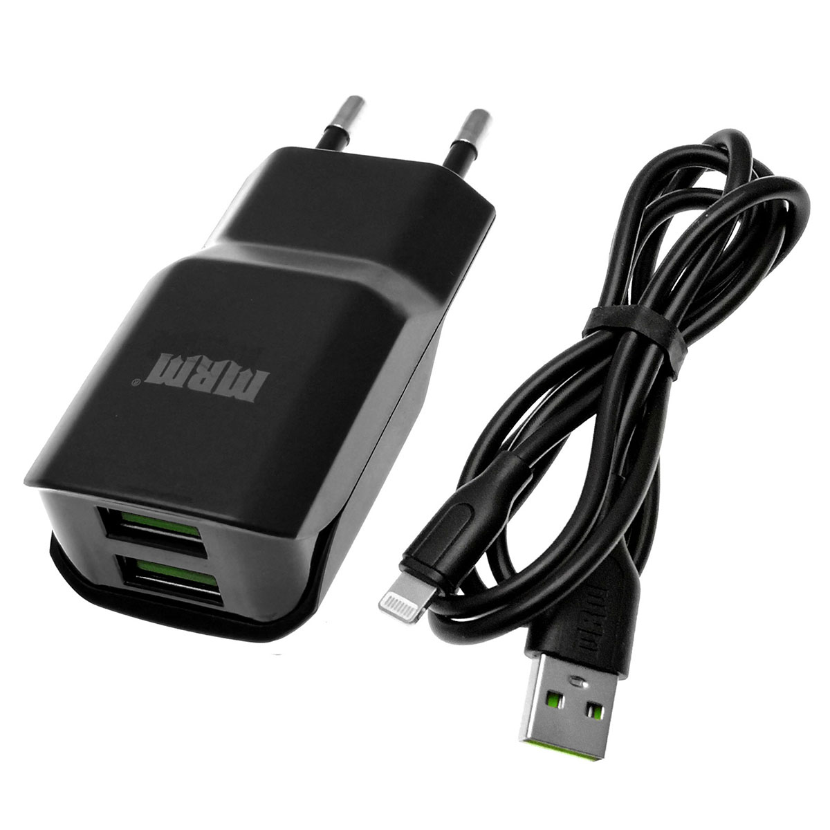 MRM MR24i СЗУ (сетевое зарядное устройство) на 2 USB порта 5V 2.4A MAX, USB кабель lightning 8-pin, длина 1м, цвет черный.