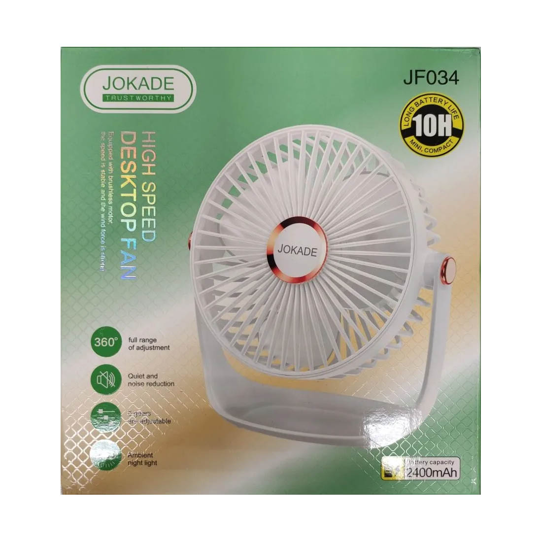 Вентилятор настольный JOKADE JF034, с аккумулятором 2400mAh, LED подсветка, цвет белый (распродажа -30%)