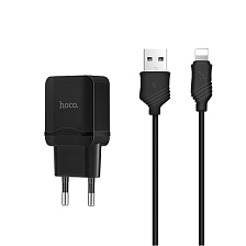 СЗУ (Сетевое зарядное устройство) HOCO C22A с кабелем Lightning 8 pin, 2.4A, 1 USB, длина 1 метр, цвет черный СЗУ (Сетевое зарядное устройство) HOCO C22A с кабелем Lightning 8 pin, 2.4A, 1 USB, длина 1 метр, цвет черный