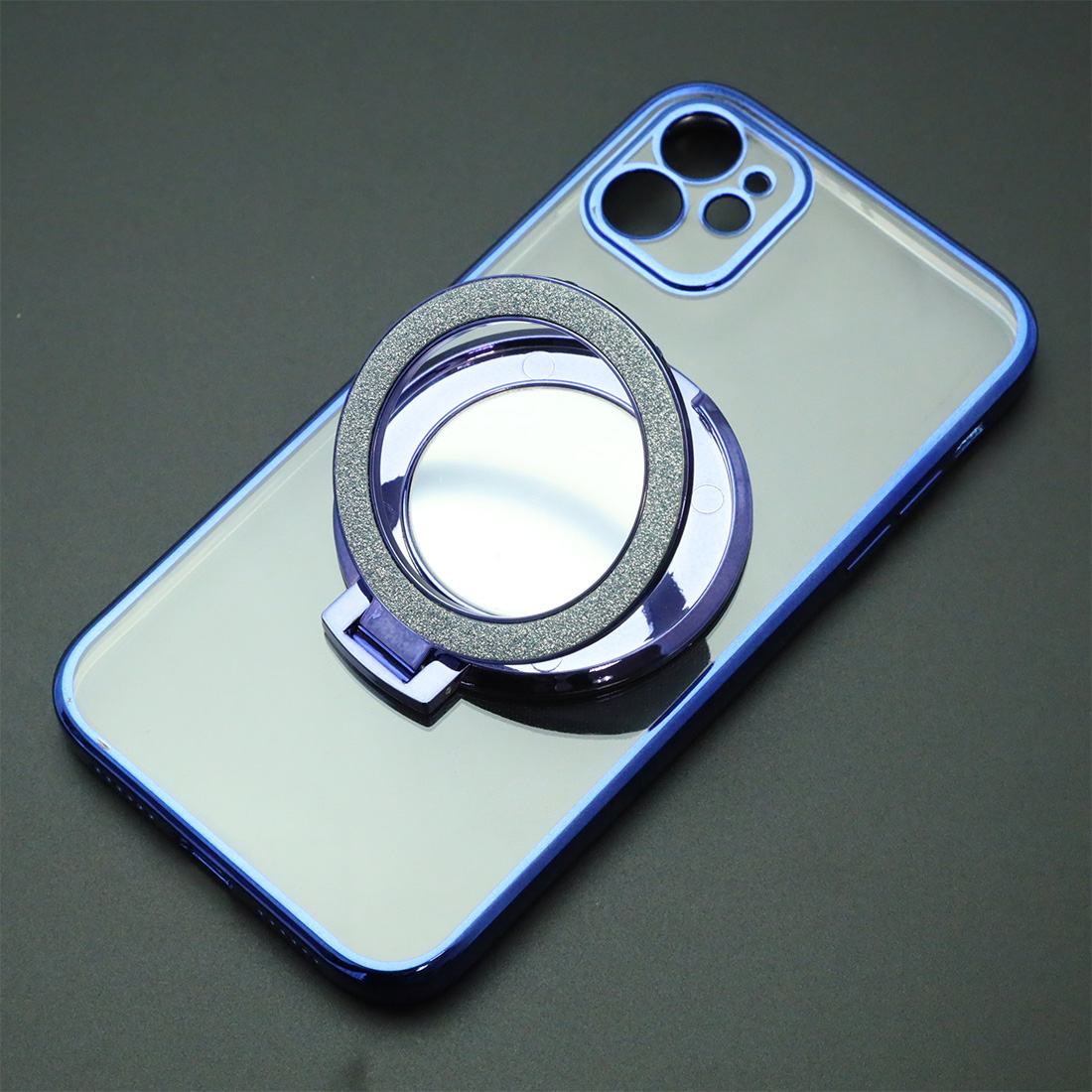 Чехол накладка для APPLE iPhone 11, силикон, защита камеры, кольцо держатель, прозрачный, цвет окантовки синий Чехол накладка для APPLE iPhone 11, силикон, защита камеры, кольцо держатель, прозрачный, цвет окантовки синий