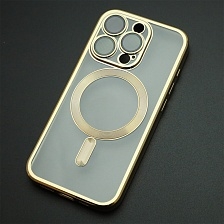 Чехол накладка FASHION CASE для APPLE iPhone 15 Pro, с поддержкой MagSafe, силикон, защита камеры, цвет окантовки золотистый