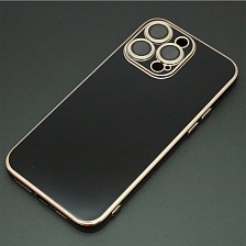 Чехол накладка для APPLE iPhone 14 Pro Max, силикон, стекло, защита камеры, цвет черно золотистый Чехол накладка для APPLE iPhone 14 Pro Max, силикон, стекло, защита камеры, цвет черно золотистый