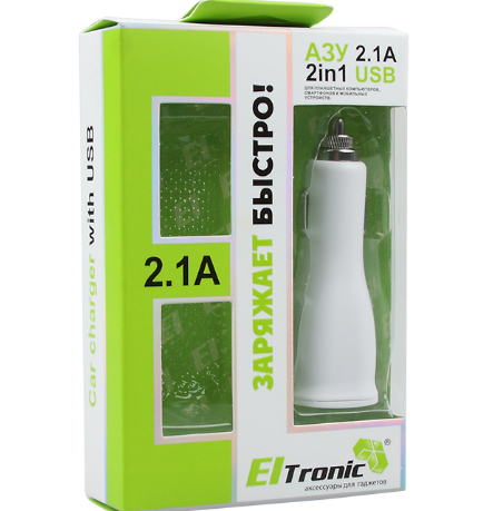 АЗУ (авто-адаптер питания) USB 5.0V - 2.1A с 2-мя USB выходами ELTronic белый арт.5552.