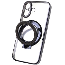 Чехол накладка для APPLE iPhone 16, силикон, защита камеры, кольцо держатель, прозрачный, цвет окантовки черный