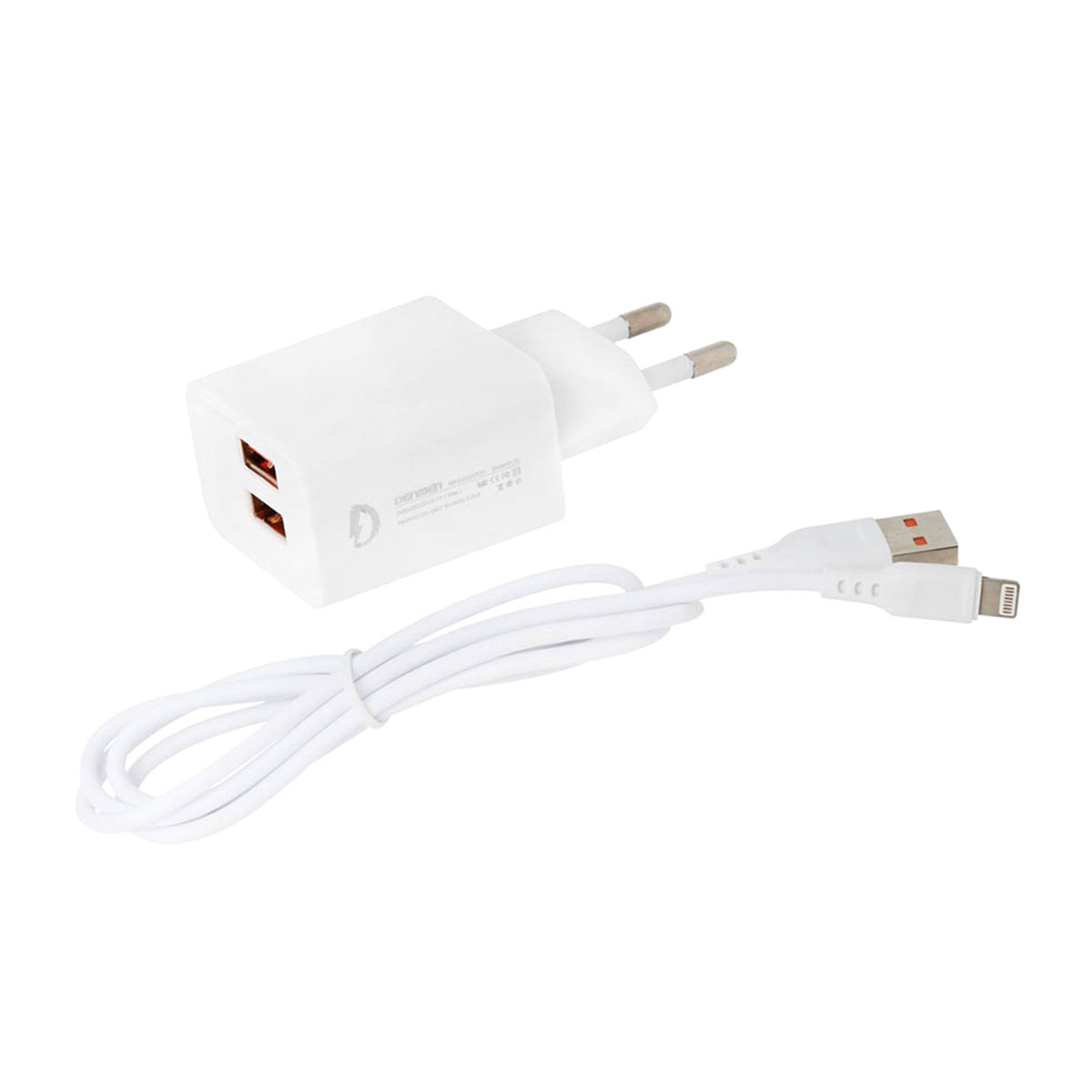 СЗУ (Сетевое зарядное устройство) DENMEN DC02L, 2.1A, 2 USB, кабель Lightning 8 pin, цвет белый