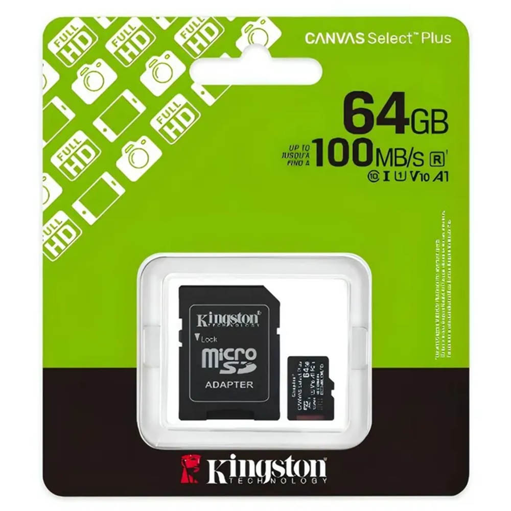 Карта памяти MicroSDXC 64GB KINGSTON CANVAS Select Plus (SDCS3/64GB) Class 10, 100MB/s, с адаптером