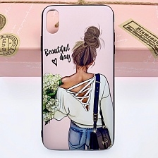 Чехол накладка для APPLE iPhone XS MAX, силикон, с рисунок Девушка с цветами.