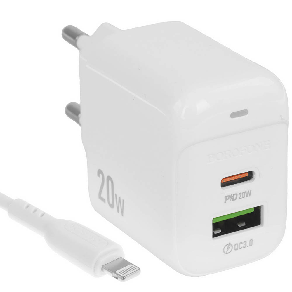 СЗУ (Сетевое зарядное устройство) с кабелем Type C на Lightning 8 pin BOROFONE BAS44A Potential, 20W, 1 Type C, 1 USB, PD20W, QC3.0, цвет белый