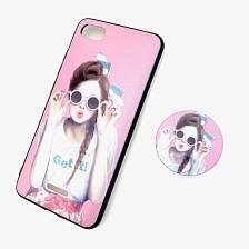 Чехол накладка для XIAOMI REDMI 6A, силикон, попсокет, рисунок девушка в очках, цвет розовый.