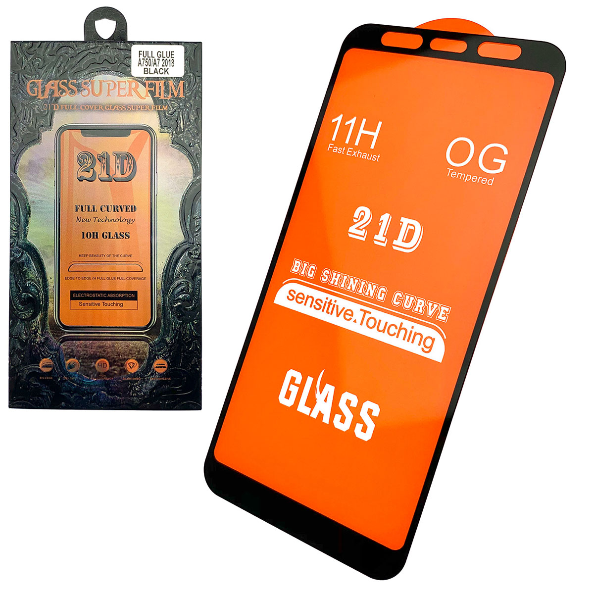 Защитное стекло 21D FULL GLUE для SAMSUNG Galaxy A7 2018 (SM-A750), цвет окантовки черный