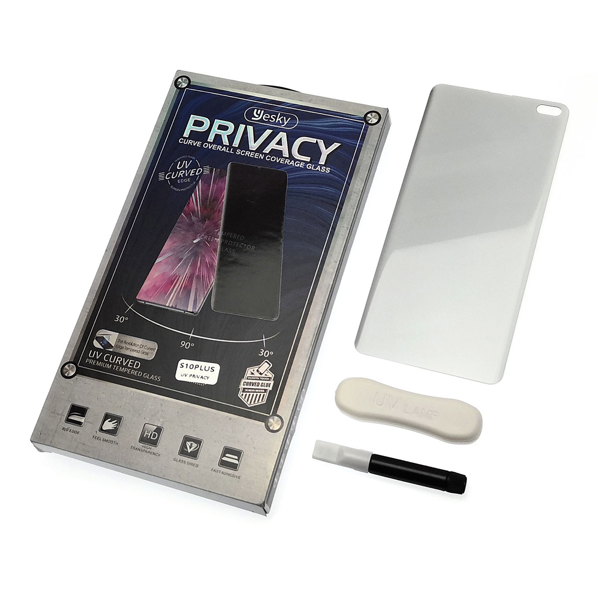 Защитное стекло YESKY PRIVACY для SAMSUNG Galaxy S10 Plus (SM-G975), c УФ-лампой и жидкостью, прозрачное тонированное. Защитное стекло YESKY PRIVACY для SAMSUNG Galaxy S10 Plus (SM-G975), c УФ-лампой и жидкостью, прозрачное тонированное.