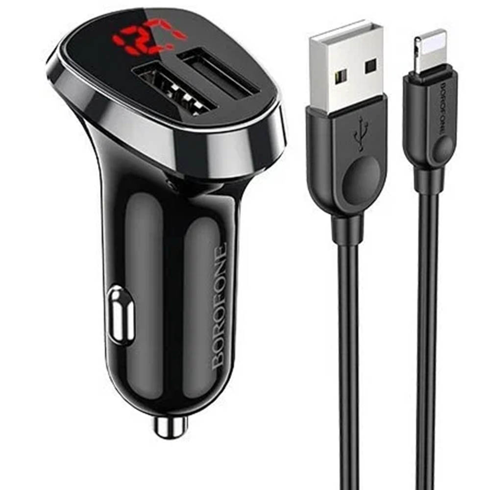 АЗУ (Автомобильное зарядное устройство) BOROFONE BZ15 Auspicious с кабелем APPLE Lightning 8 pin, 2.4А, 12W, 2xUSB, цвет черный