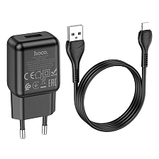 СЗУ (сетевое зарядное устройство) HOCO C96A, адаптер 1 USB 5V-2.1A, кабель Lightning 8 pin, цвет черный СЗУ (сетевое зарядное устройство) HOCO C96A, адаптер 1 USB 5V-2.1A, кабель Lightning 8 pin, цвет черный