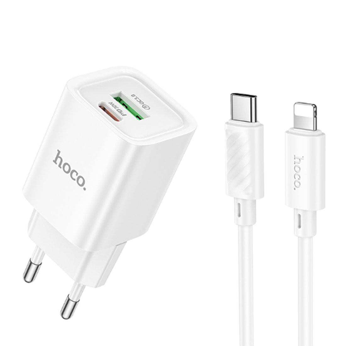 СЗУ (Сетевое зарядное устройство) HOCO C149A Charm с кабелем USB Type C на Lightning 8 pin, 30W, 1 USB Type C, 1 USB, PD30W, QC3.0, длина 1 метр, цвет белый