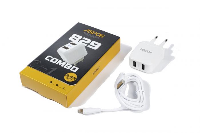 СЗУ (Сетевое зарядное устройство) 2 в 1 ASPOR A829  2 USB, 2.4A, с кабелем Lightning 8-pin, длина 1.2 метра, цвет белый | РАСПРОДАЖА