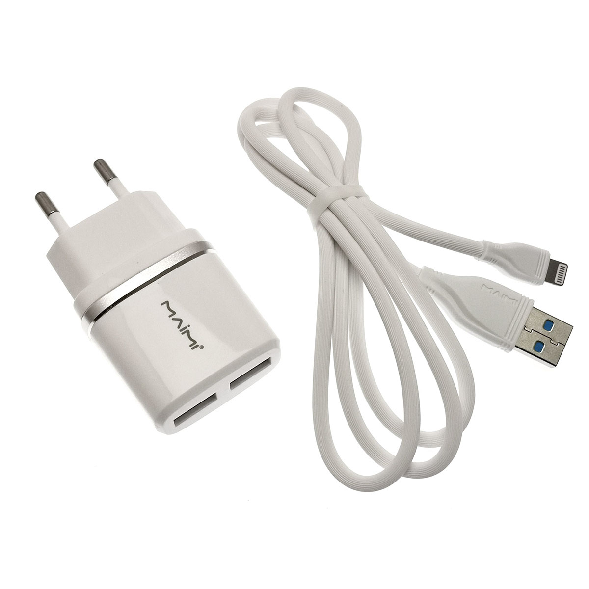 MAIMI T8 2 в 1 СЗУ (сетевое зарядное устройство) на 2 USB порт 5V-2.4A + кабель APPLE Lightning 8-pin iOS, цвет белый. MAIMI T8 2 в 1 СЗУ (сетевое зарядное устройство) на 2 USB порт 5V-2.4A + кабель APPLE Lightning 8-pin iOS, цвет белый.