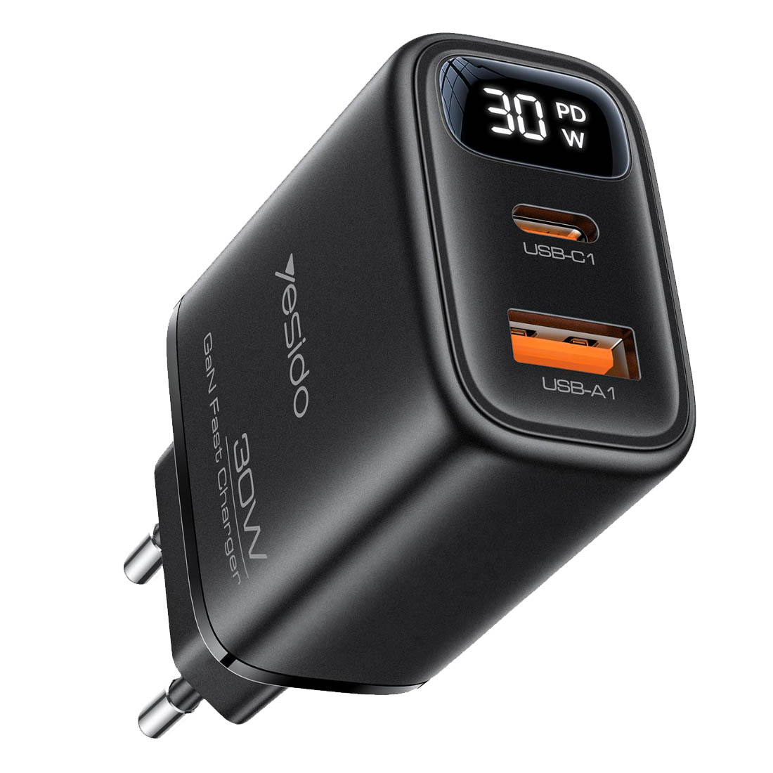 СЗУ (Сетевое зарядное устройство) YESIDO YC121 GaN, 30W, 1 USB A, 1 USB Type C, PD30W, QC3.0, Led дисплей, цвет черный