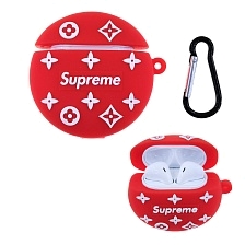 Чехол для беспроводных наушников APPLE AirPods 1, 2 силиконовый с карабином, 3D Supreme Red. Чехол для беспроводных наушников APPLE AirPods 1, 2 силиконовый с карабином, 3D Supreme Red.