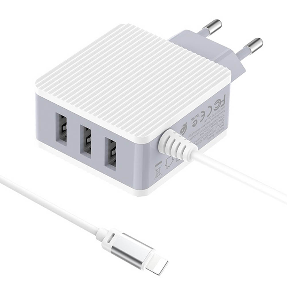 СЗУ (Сетевое зарядное устройство) BOROFONE BA42A Joyful theree-port со встроенным кабелем APPLE Lightning 8 pin, 3.1A, 3 USB, длина 1 метр, цвет белый
