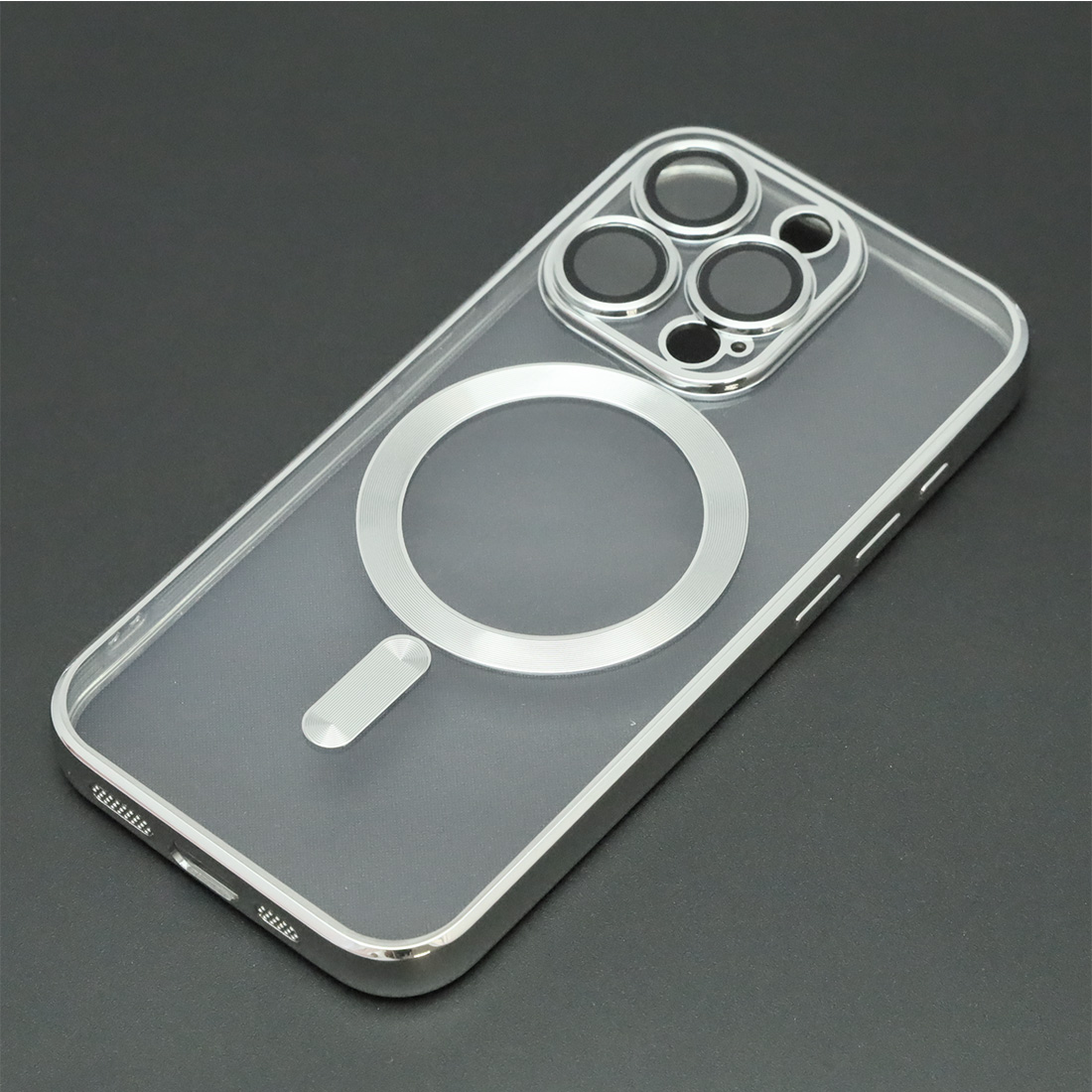 Чехол накладка FASHION CASE с поддержкой MagSafe для APPLE iPhone 15 Pro, силикон, защита камеры, цвет окантовки серебристый