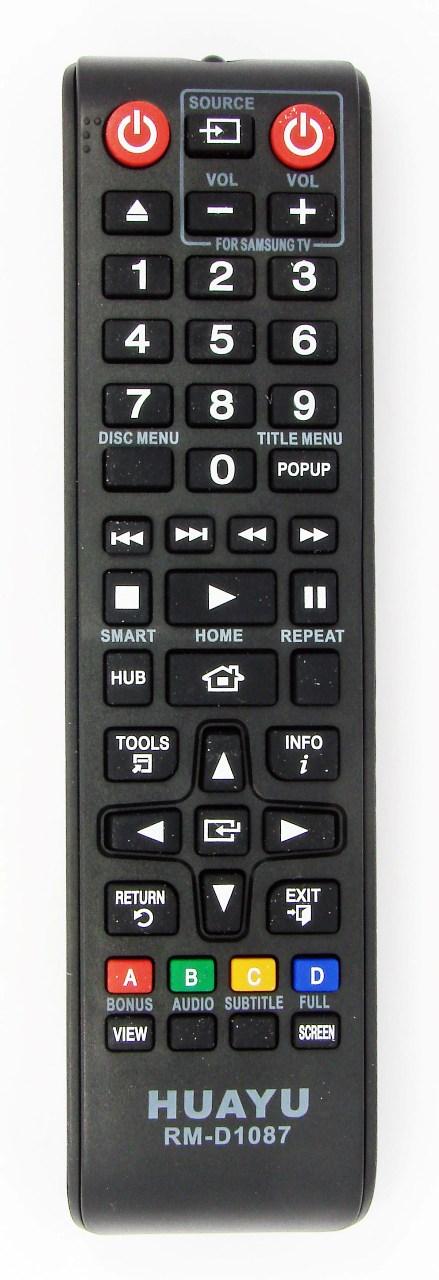 Пульт ДУ универсальный для SAMSUNG RM-D1087 HUAYU подходит к следующим моделям: BD-C5500, BD-C6500, BD-C6900, BD-C7500, BD-D5400K, BD-D5500K, BD-D6500, BD-E5300, BD-E5500, BD-E6000, BD-E6500, BD-ES6000, BD-P1580, BD-P1590, BD-P1600, BD-P1620, BD-P1650.