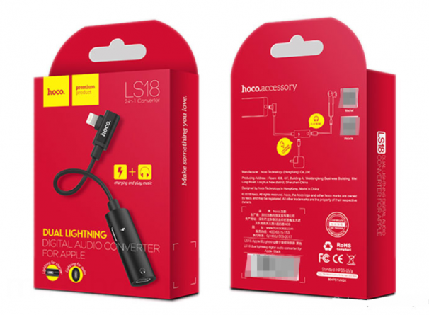 HOCO LS18 двойной lightning 8-pin цифровой аудио переходник для Apple, цвет черный.