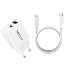 СЗУ (Сетевое зарядное устройство) REMAX Kiddy RP-U120 с кабелем USB Type C на Lightning 8 pin, 20W, 1 USB, 1 USB Type C, длина 1 метр, цвет белый