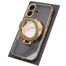 Чехол накладка для APPLE iPhone 16, силикон, защита камеры, кольцо держатель, прозрачный, цвет окантовки золотистый Чехол накладка для APPLE iPhone 16, силикон, защита камеры, кольцо держатель, прозрачный, цвет окантовки золотистый