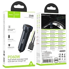 АЗУ (Автомобильное зарядное устройство) HOCO Z54B Prosperous с кабелем USB Type C на USB Type C, 2 UBS Type C, PD60W, длина 1 метр, цвет темно серебристый