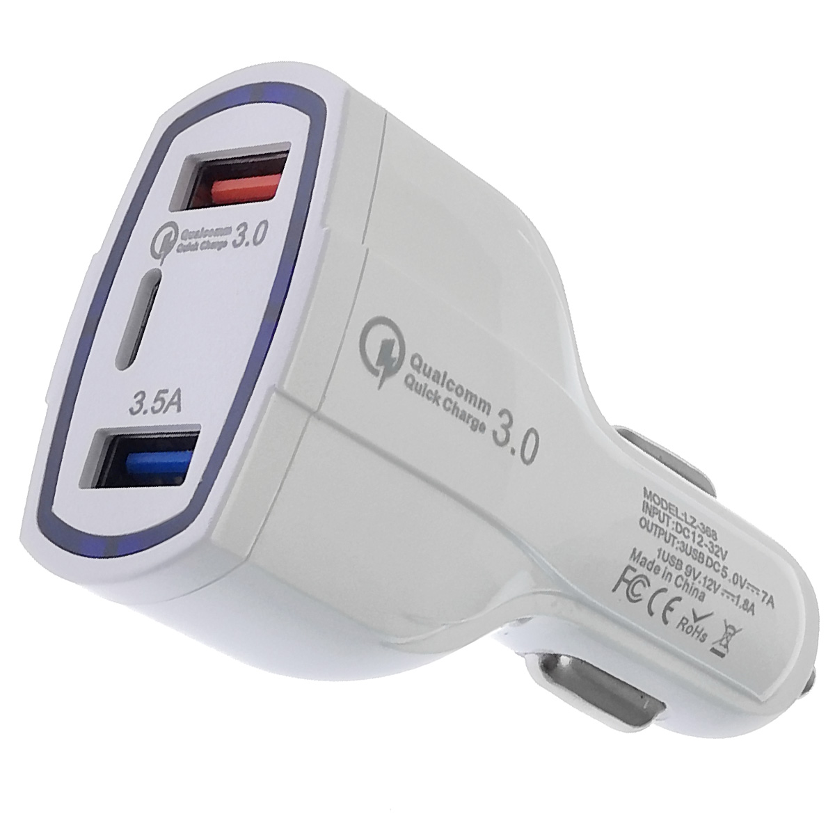 АЗУ (Автомобильное зарядное устройство) LZ-368, 35W, QC3.0, 2 USB, 1 USB Type C, цвет белый АЗУ (Автомобильное зарядное устройство) LZ-368, 35W, QC3.0, 2 USB, 1 USB Type C, цвет белый