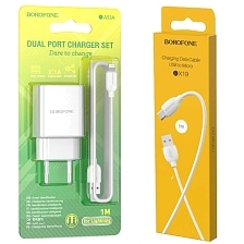 СЗУ (Сетевое зарядное устройство) с кабелем Micro USB, кабелем Lightning 8 pin, 2.1A, 2 USB A, длина 1 метр, цвет белый