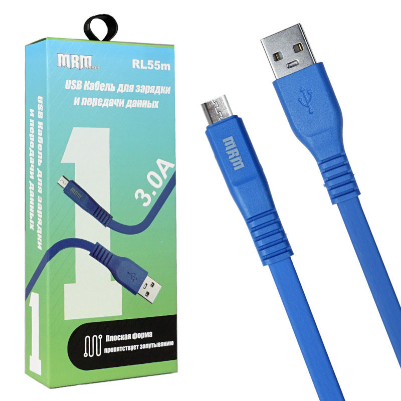 USB Дата кабель MRM RL55m Micro USB, силикон, плоский, длина 1 метр, 3.0 A, цвет синий USB Дата кабель MRM RL55m Micro USB, силикон, плоский, длина 1 метр, 3.0 A, цвет синий