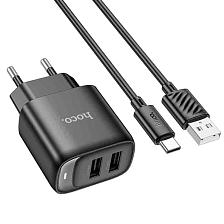 СЗУ (Сетевое зарядное устройство) HOCO C141A с кабелем USB Type C, 10.5W, 2.1A, 2 USB, длина 1 метр, цвет черный СЗУ (Сетевое зарядное устройство) HOCO C141A с кабелем USB Type C, 10.5W, 2.1A, 2 USB, длина 1 метр, цвет черный