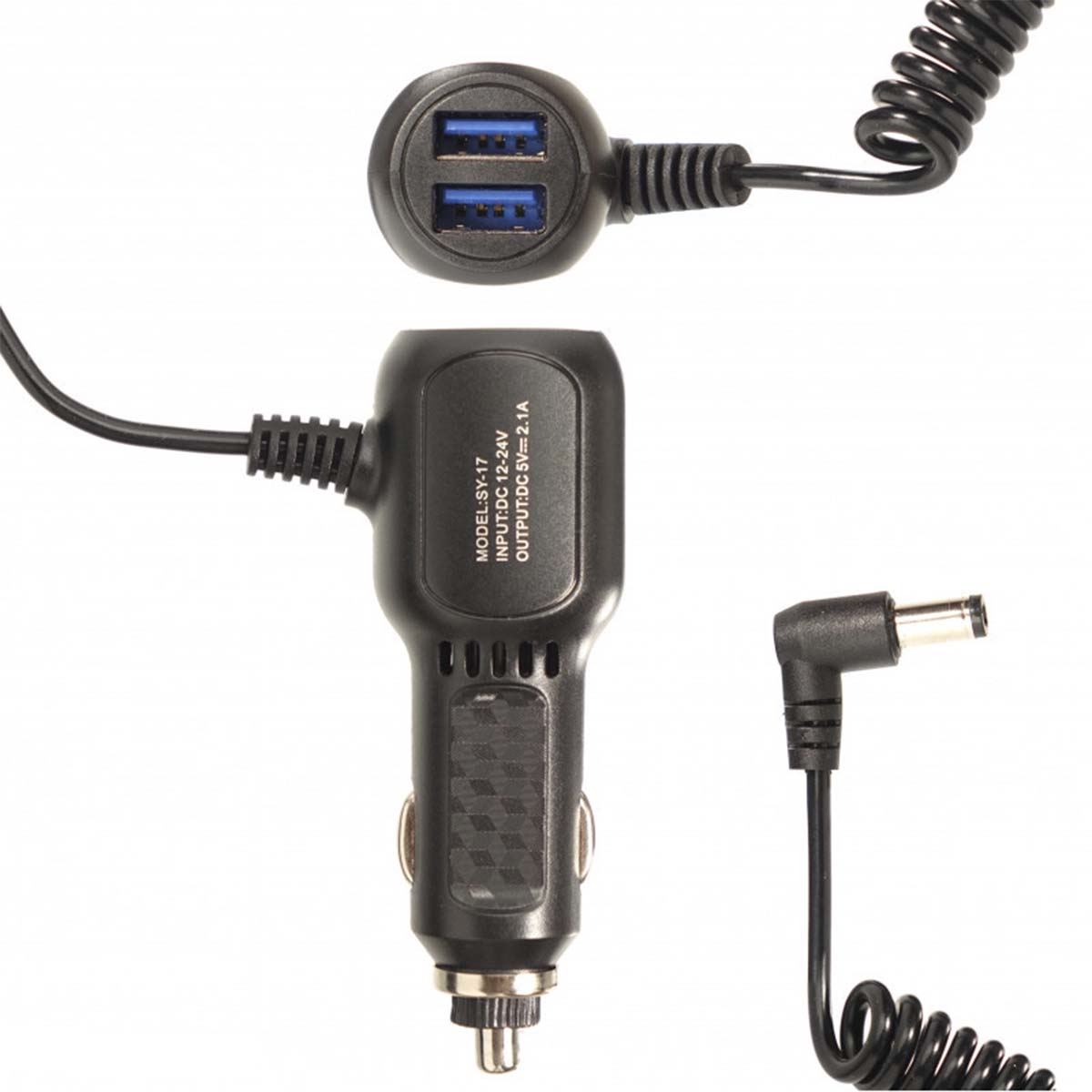АЗУ (Автомобильное зарядное устройство) SY-17, 2 USB - 5V/2.1A, с витым кабелем, 5.5x2.5 АЗУ (Автомобильное зарядное устройство) SY-17, 2 USB - 5V/2.1A, с витым кабелем, 5.5x2.5
