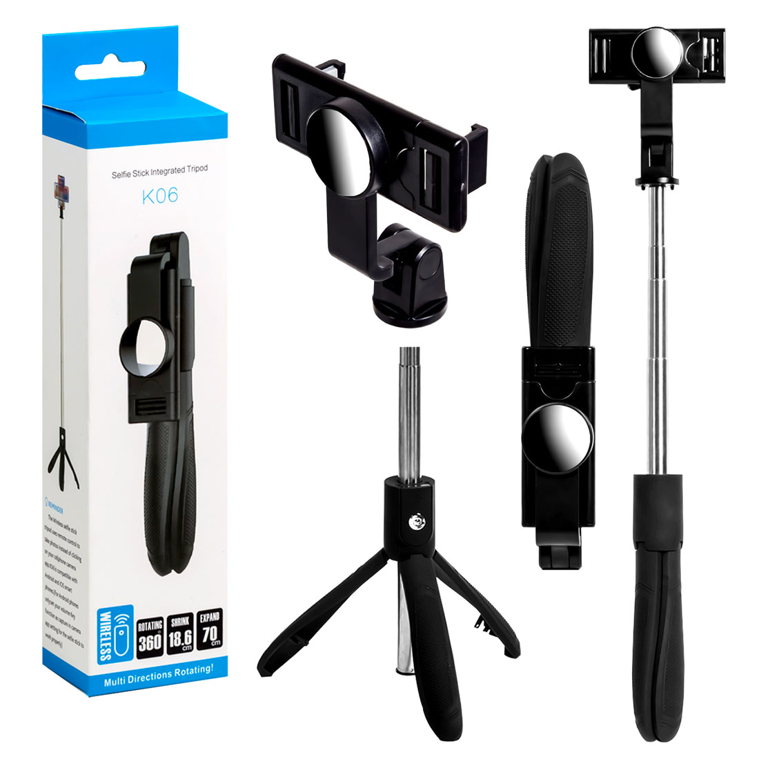 Монопод, трипод, селфи палка K06 Bluetooth, с пультом, цвет черный