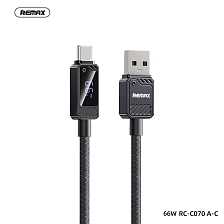 Кабель REMAX RC-C070 USB Type C, 66W, 6A, длина 1.2 метра, Led дисплей, цвет черный Кабель REMAX RC-C070 USB Type C, 66W, 6A, длина 1.2 метра, Led дисплей, цвет черный
