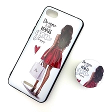 Чехол накладка для XIAOMI REDMI 6A, силикон, попсокет, рисунок девушка в красном платье, цвет белый.