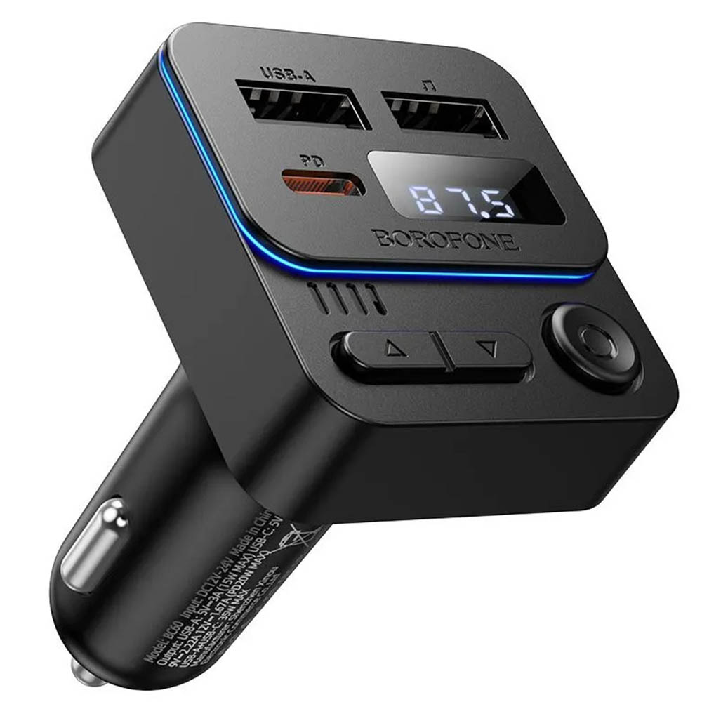 АЗУ (Автомобильное зарядное устройство) BOROFONE BC60 Hero с FM трансмиттером, 35W, Bluetooth 5.4, 2 USB, 1 USB Type-C, PD20W, цвет черный