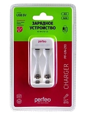 Зарядное устройство Perfeo CHARGER PF-UN-210 на 2 слота для аккумуляторов тип Ni-MH/CD типаразмеров AAA и AA, питание DC 5V/500mA от кабеля Type-C, с индикацией заряда, цвет белый