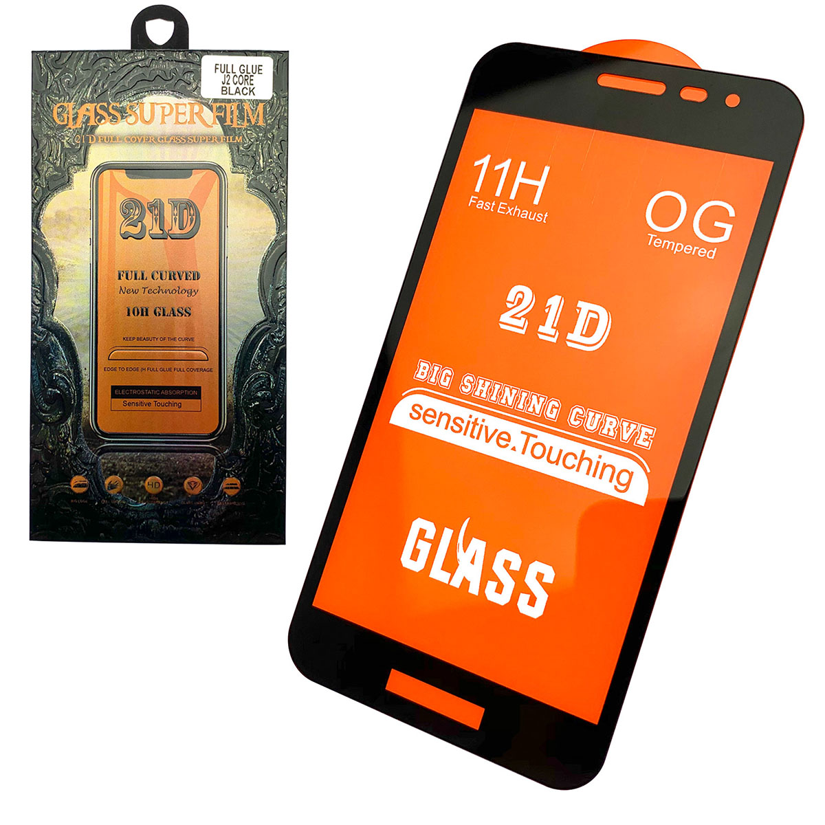 Защитное стекло 21D FULL GLUE для SAMSUNG Galaxy J2 Core (SM-J260F), цвет окантовки черный