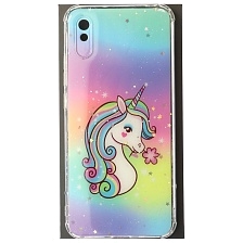 Чехол накладка для XIAOMI Redmi 9A, силикон, глянцевый, блестки, рисунок Единорог