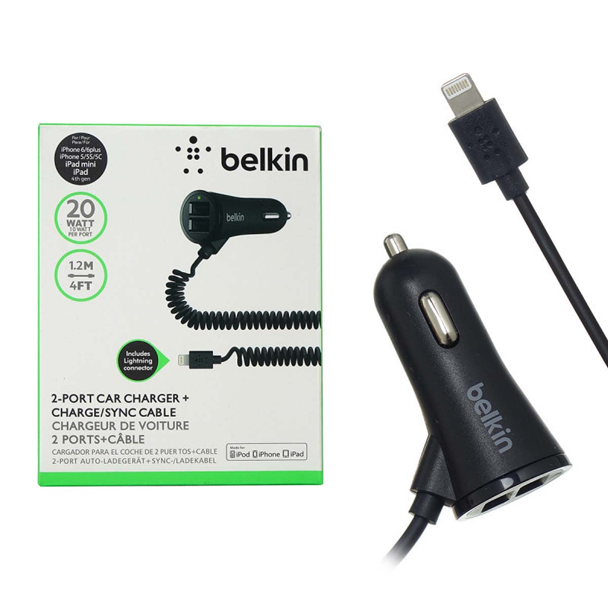 АЗУ (Автомобильное зарядное устройство) Belkin c кабелем APPLE Lightning 8 pin, 20W, 2 USB, цвет черный АЗУ (Автомобильное зарядное устройство) Belkin c кабелем APPLE Lightning 8 pin, 20W, 2 USB, цвет черный
