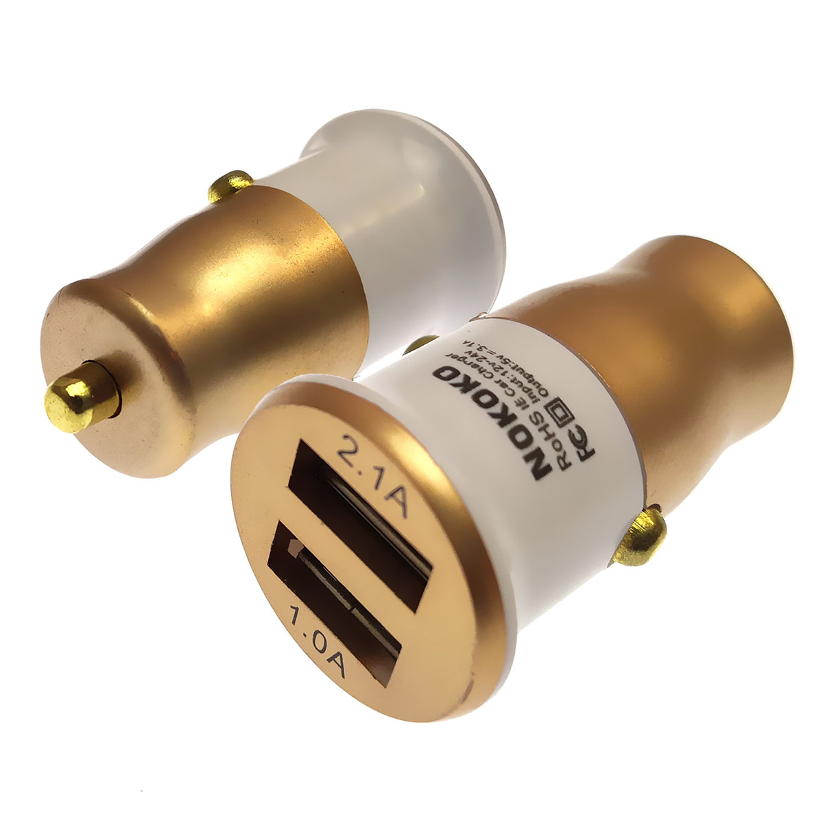 АЗУ (автомобильное зарядное устройство) 12/24V NOKOKO 38 - 2 USB порта, 5V-2.1A/1A, цвет белый с золотистой окантовкой.